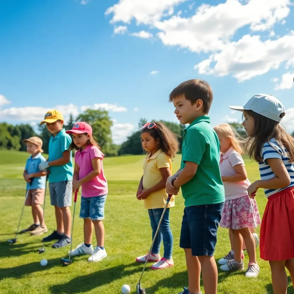 Children practicing golf outdoors with an instructor