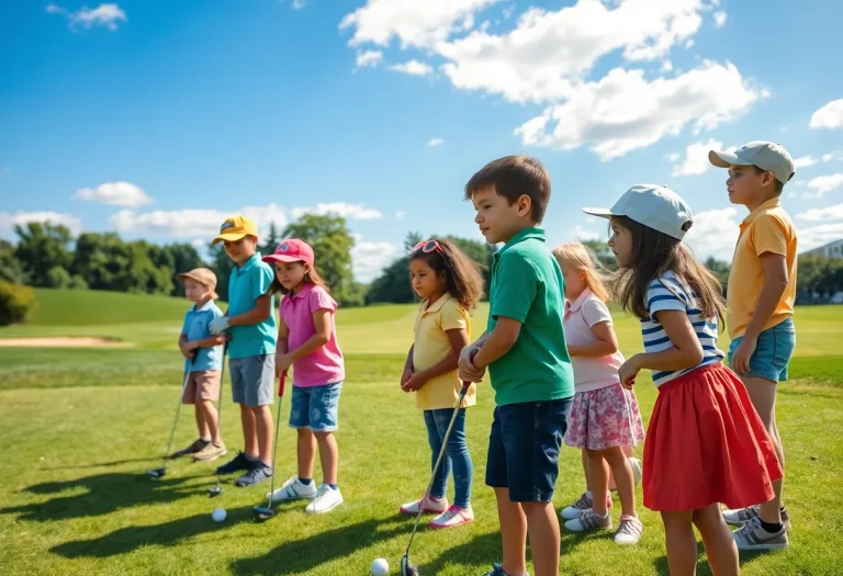 Children practicing golf outdoors with an instructor
