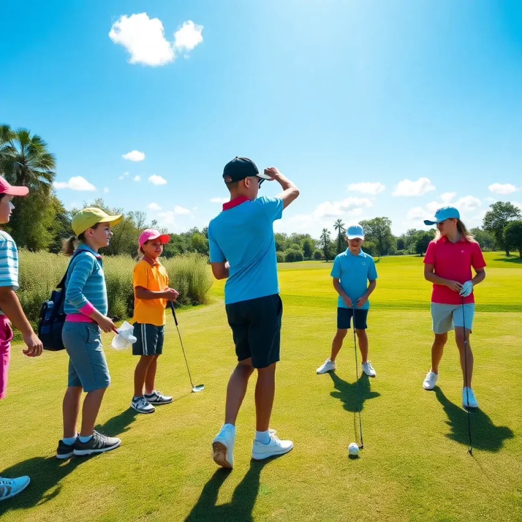 Young golfers practicing on a sunny golf course