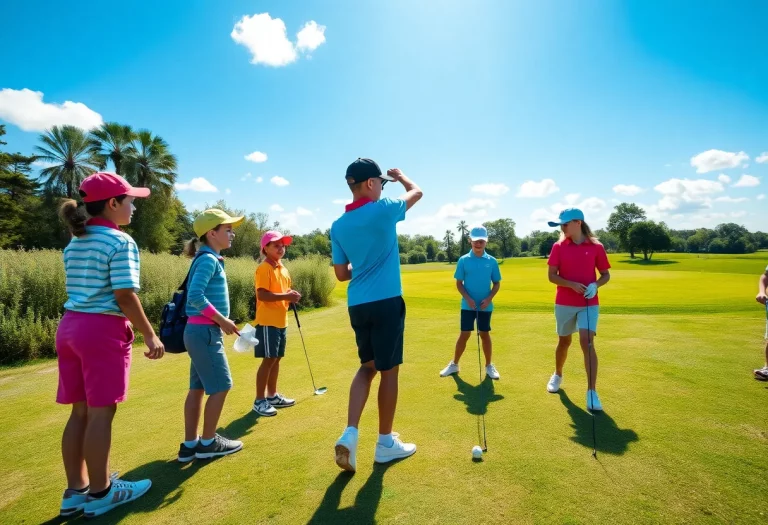 Young golfers practicing on a sunny golf course