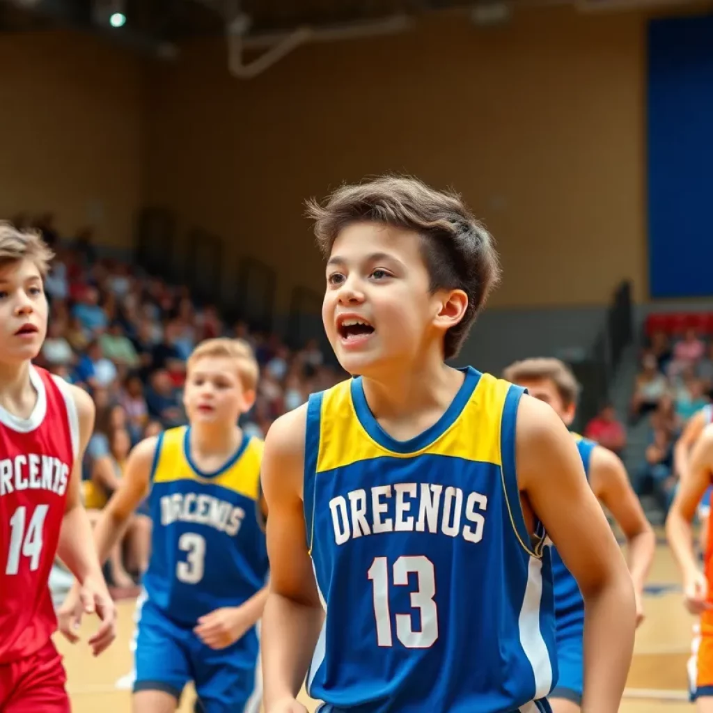Young athletes competing in a basketball game.