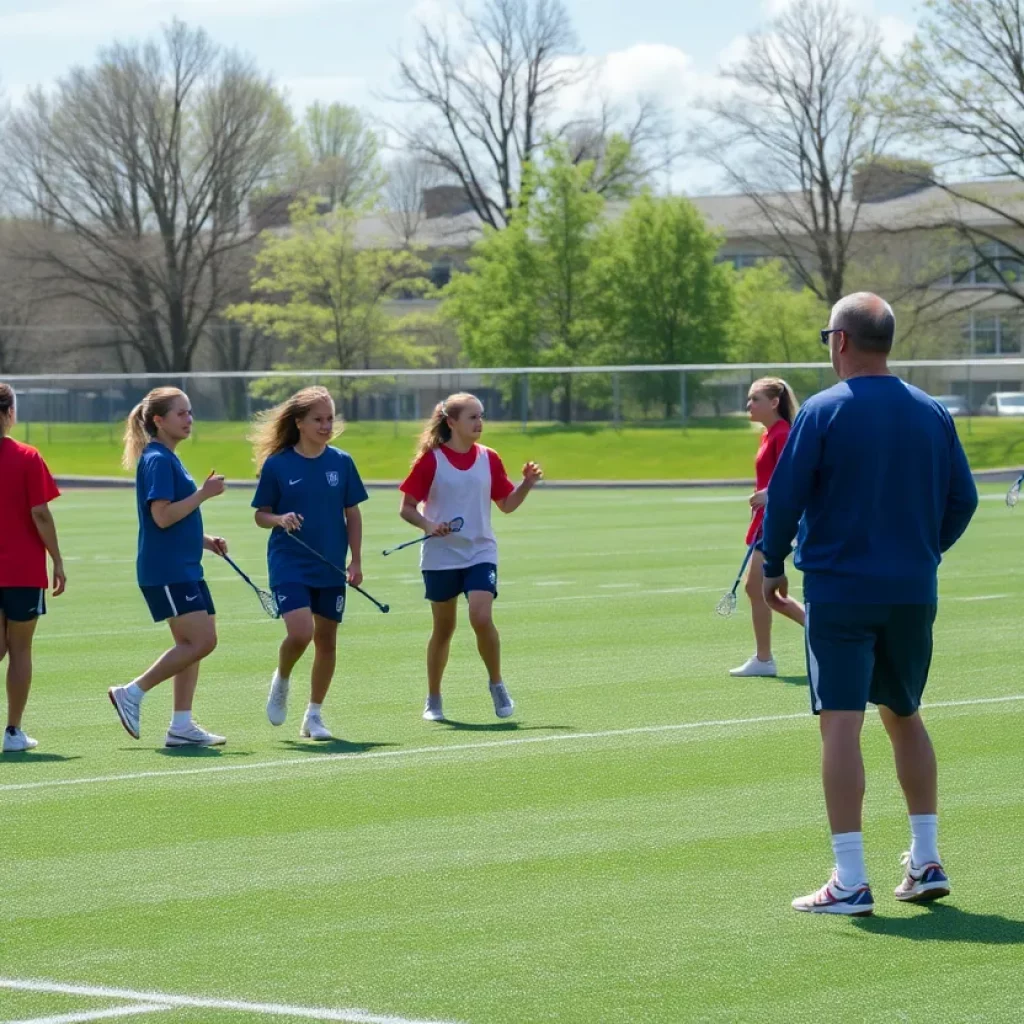 Lacrosse players practicing on a field at Christchurch School