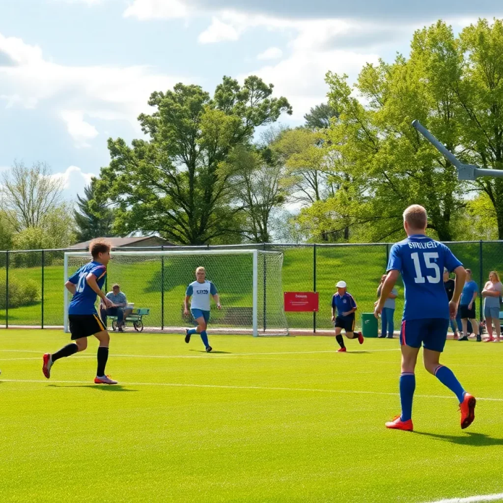 Students playing soccer on a high school field in Cincinnati