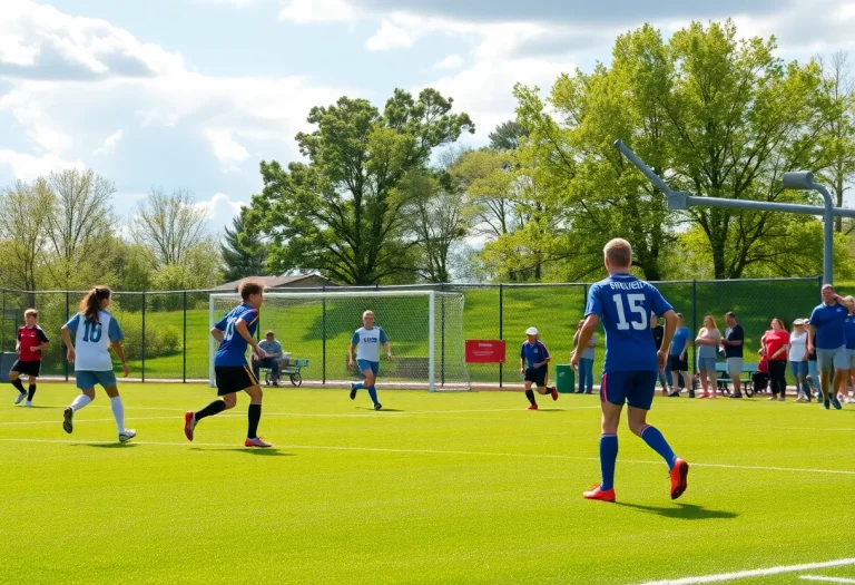 Students playing soccer on a high school field in Cincinnati