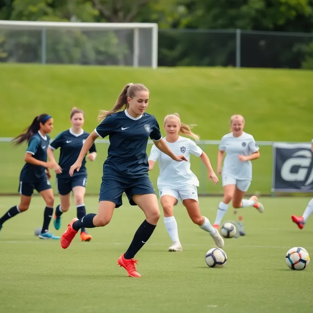 High school girls soccer players practicing on a green field