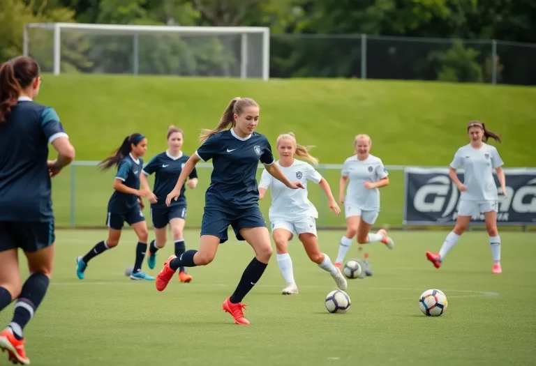 High school girls soccer players practicing on a green field