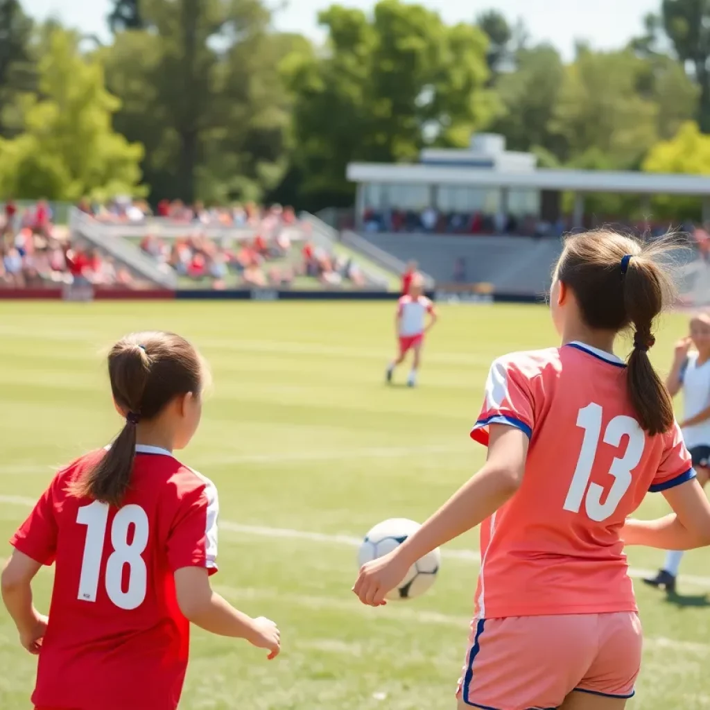 Girls soccer players competing in a match