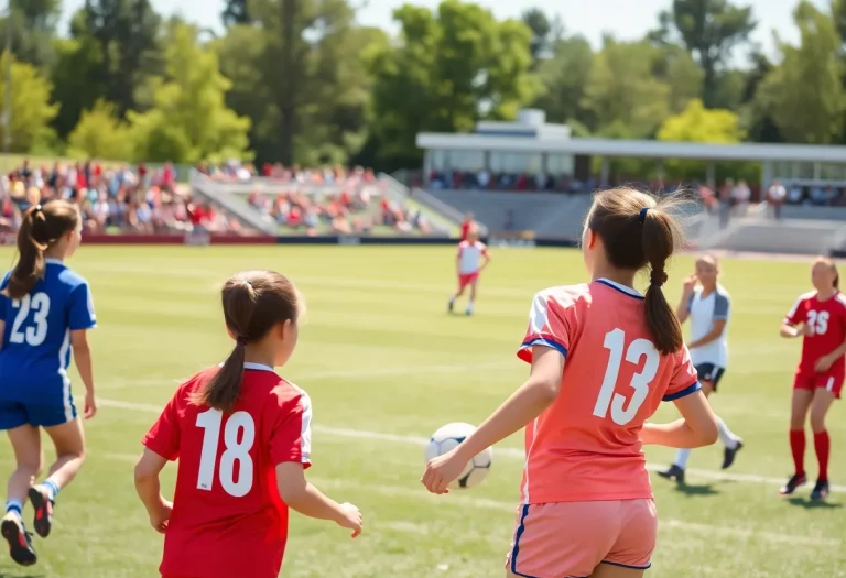 Girls soccer players competing in a match