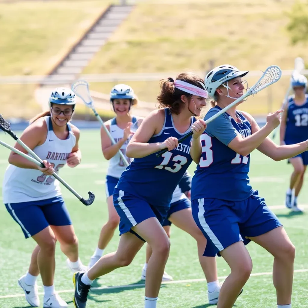 Lacrosse players training in a sunny field at Clemson University.