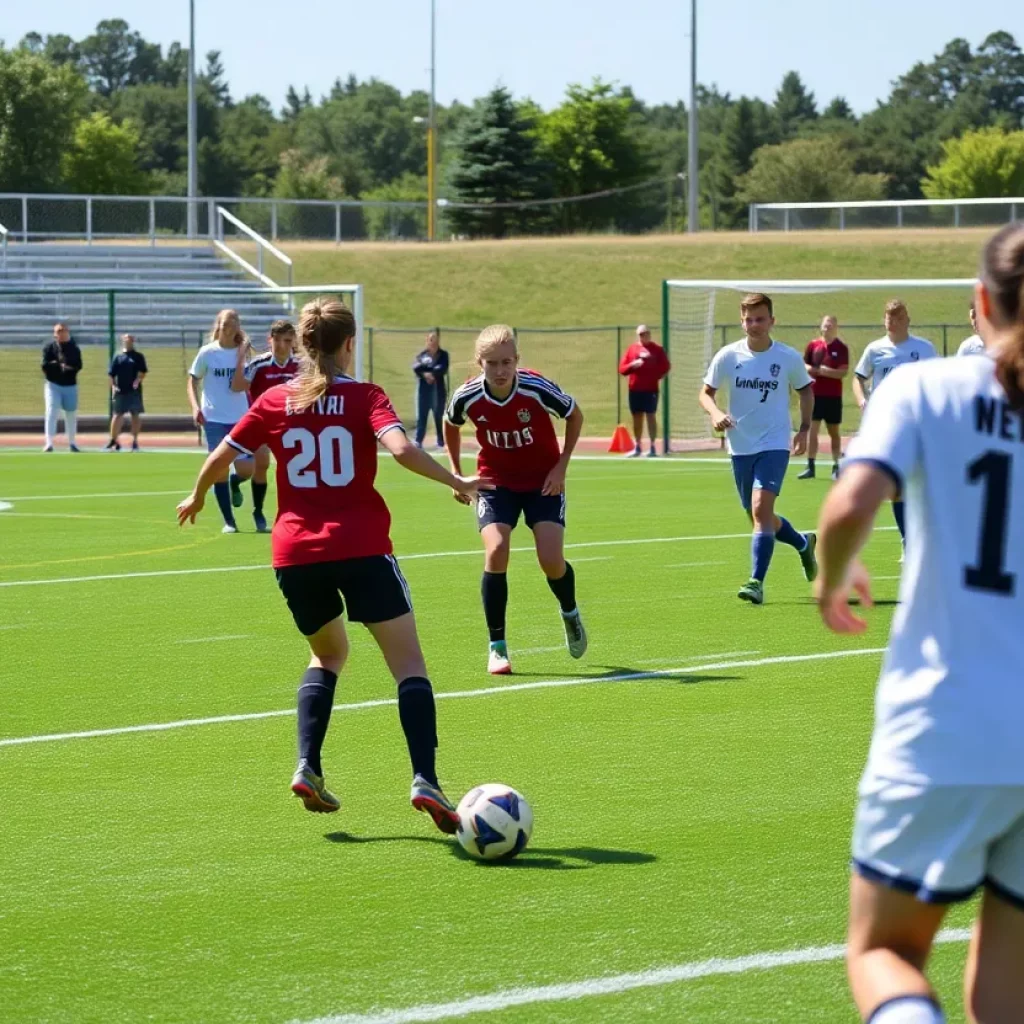 High school soccer players celebrating a goal