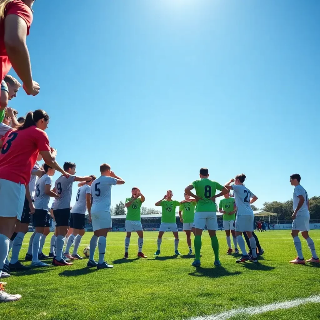Clinton-Massie High School boys soccer team in a huddle