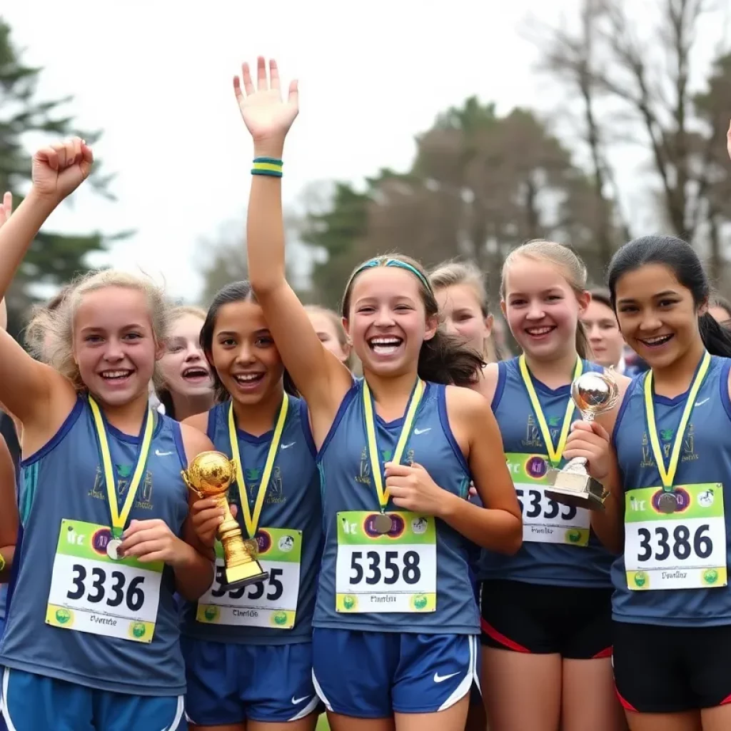 Girls cross country team celebrating championship victory