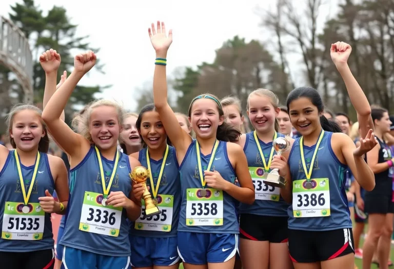 Girls cross country team celebrating championship victory