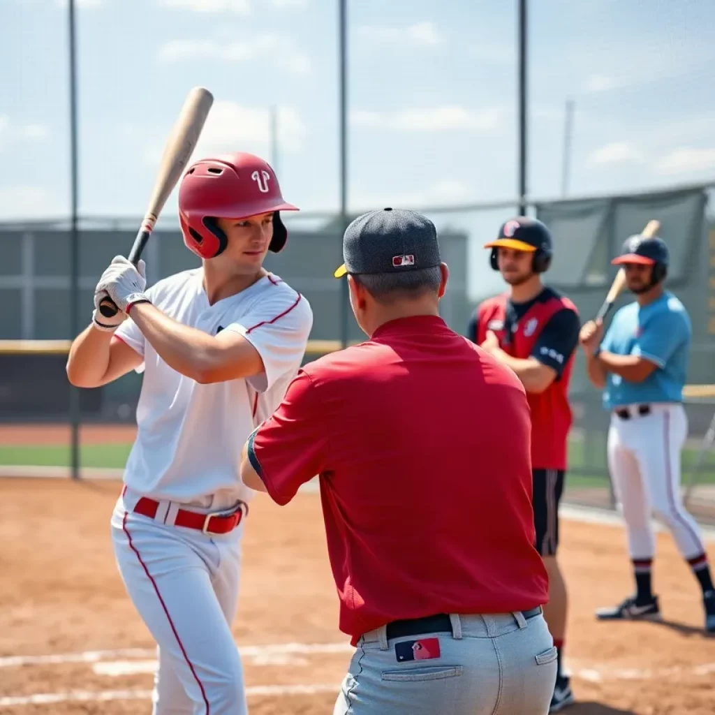 Baseball players practicing hitting techniques under a coach's guidance.