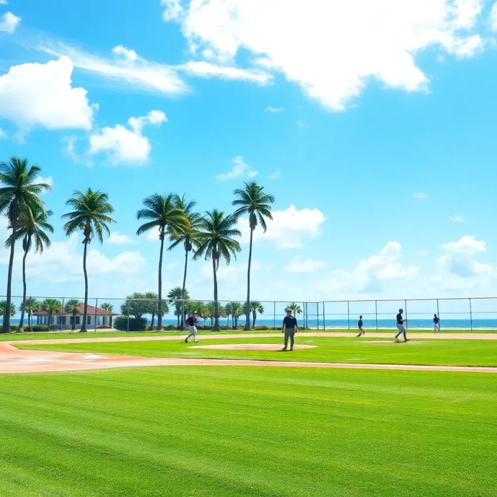 Players practicing baseball at Cocoa Beach under clear blue skies