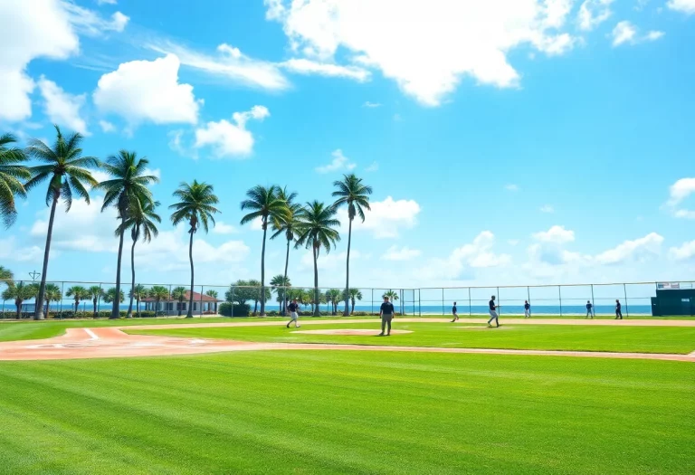 Players practicing baseball at Cocoa Beach under clear blue skies