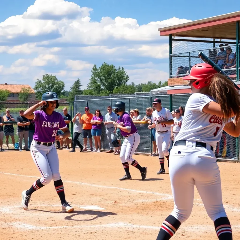 Players from Colorado high school softball teams competing on a field