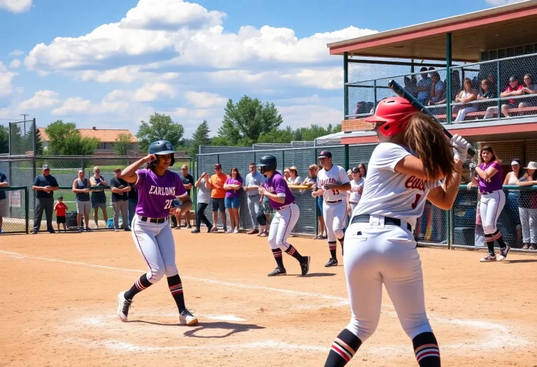 Players from Colorado high school softball teams competing on a field