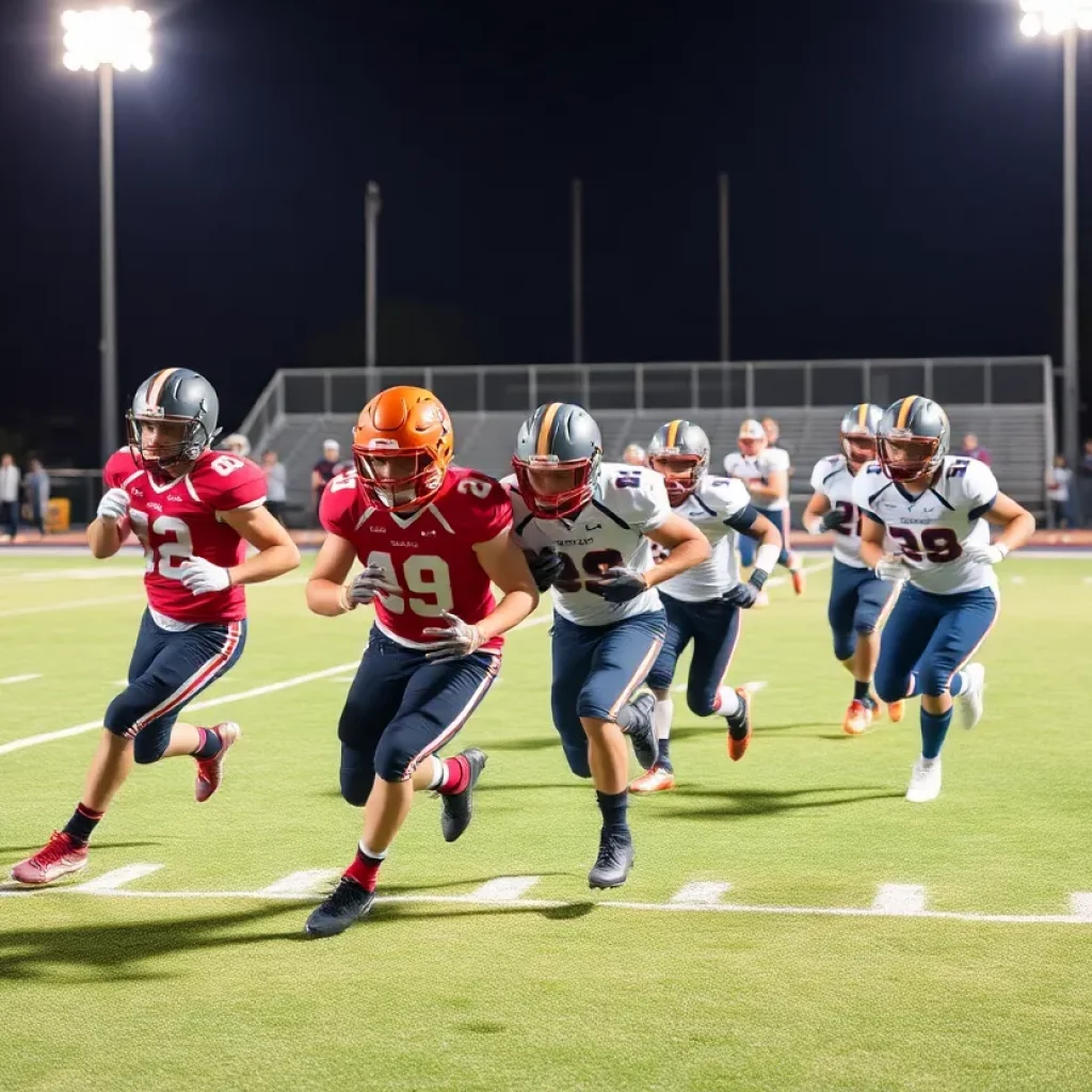 High school football players in action during a game