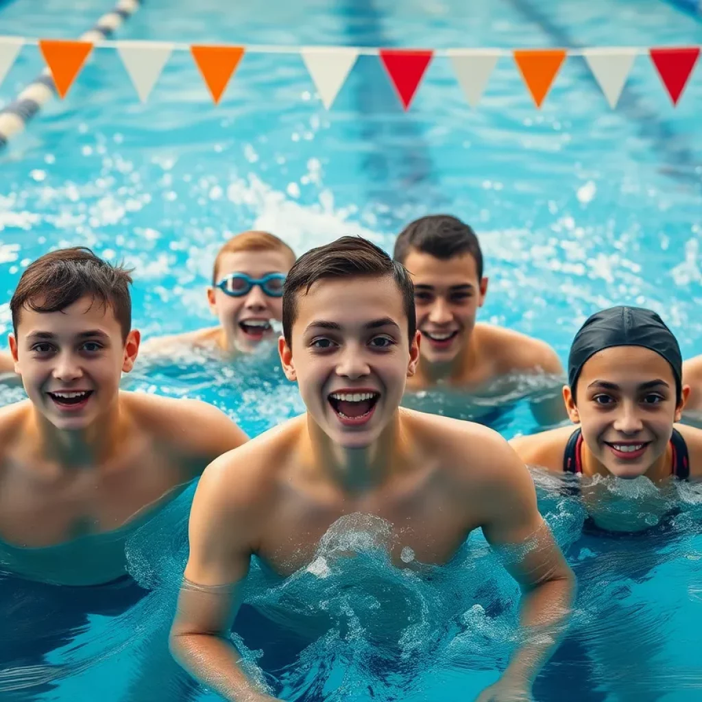 Group of young swimmers alongside a swimming pool, ready for competition