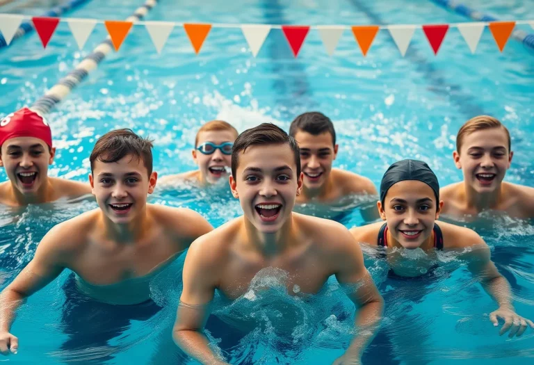 Group of young swimmers alongside a swimming pool, ready for competition