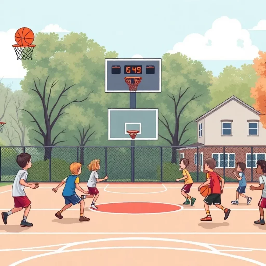 Children playing basketball in a community court