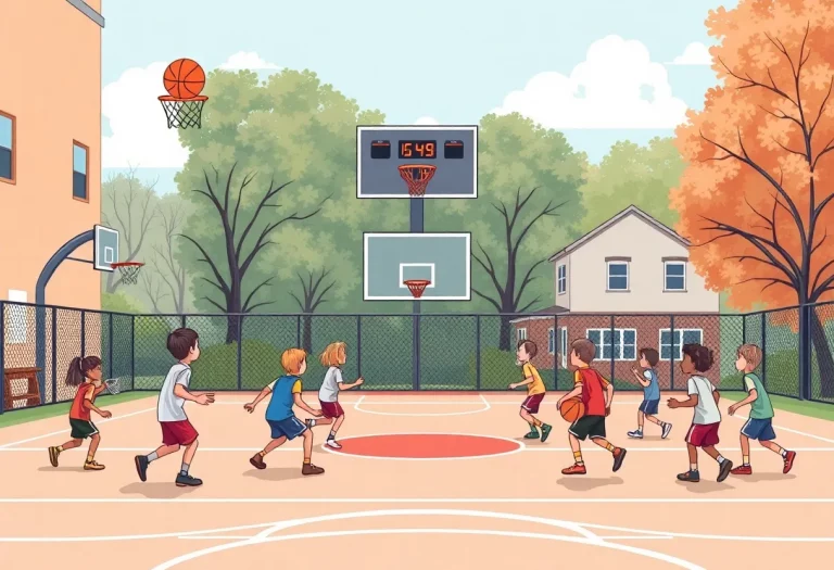 Children playing basketball in a community court