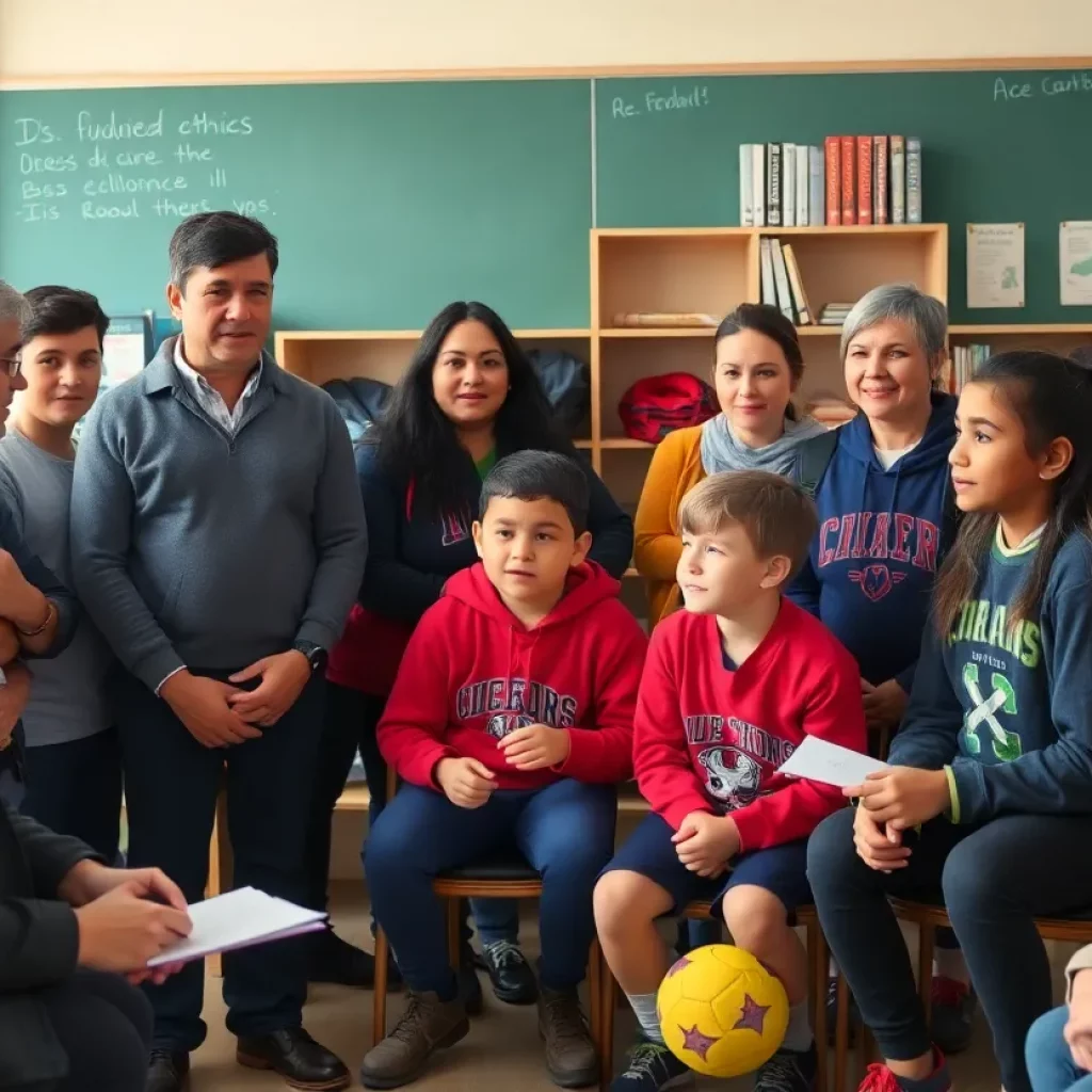 A group of parents and students discussing sports ethics in a school setting.