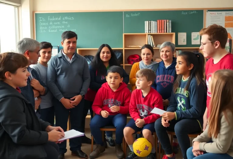 A group of parents and students discussing sports ethics in a school setting.