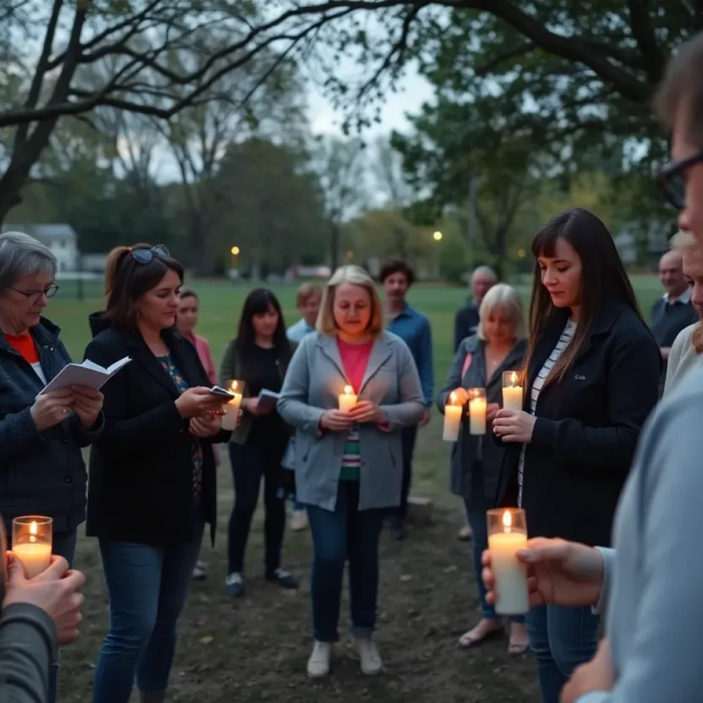 Community members gather near candles in memory of a young athlete.