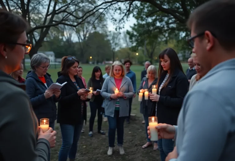 Community members gather near candles in memory of a young athlete.