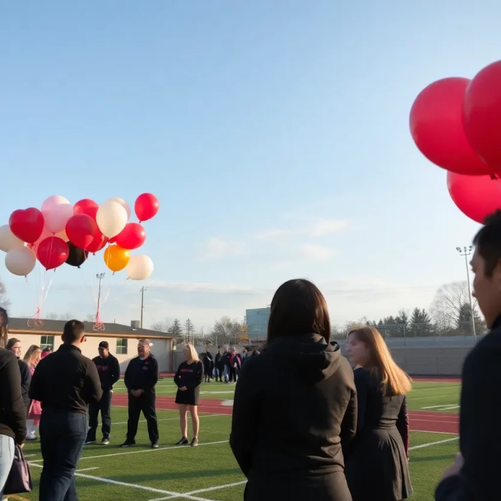 Community members releasing balloons in memory of track stars.