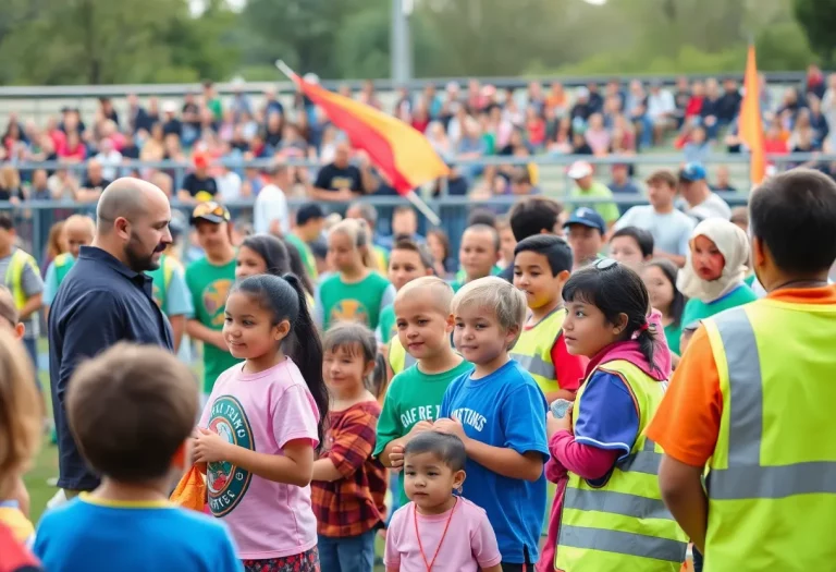 Families celebrating at a football jamboree event.