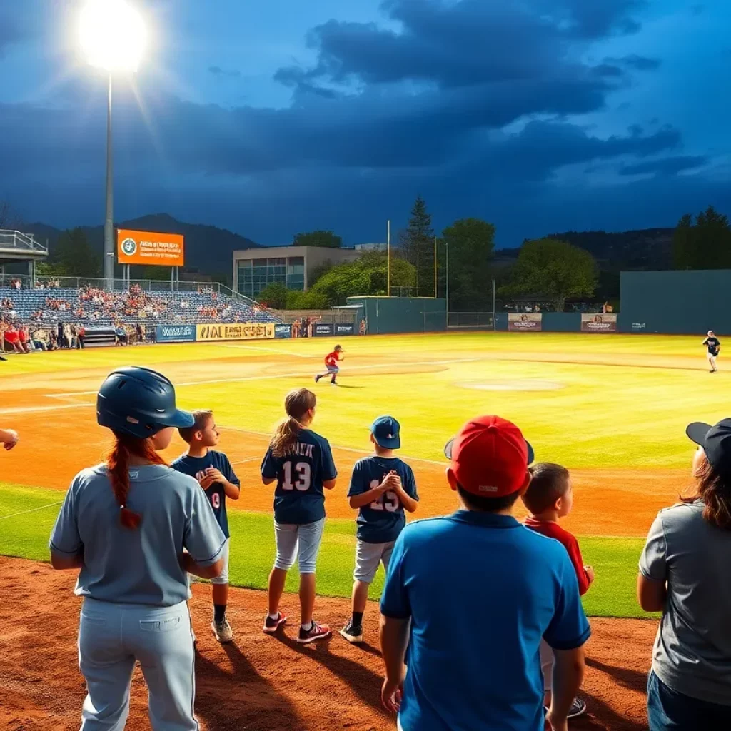 Fans and young athletes at a baseball tribute game for flood recovery
