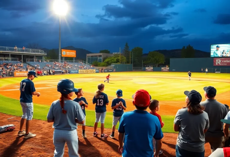 Fans and young athletes at a baseball tribute game for flood recovery