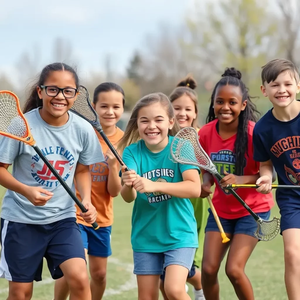 A group of young lacrosse players engaging in a tribute game in memory of a beloved teen.