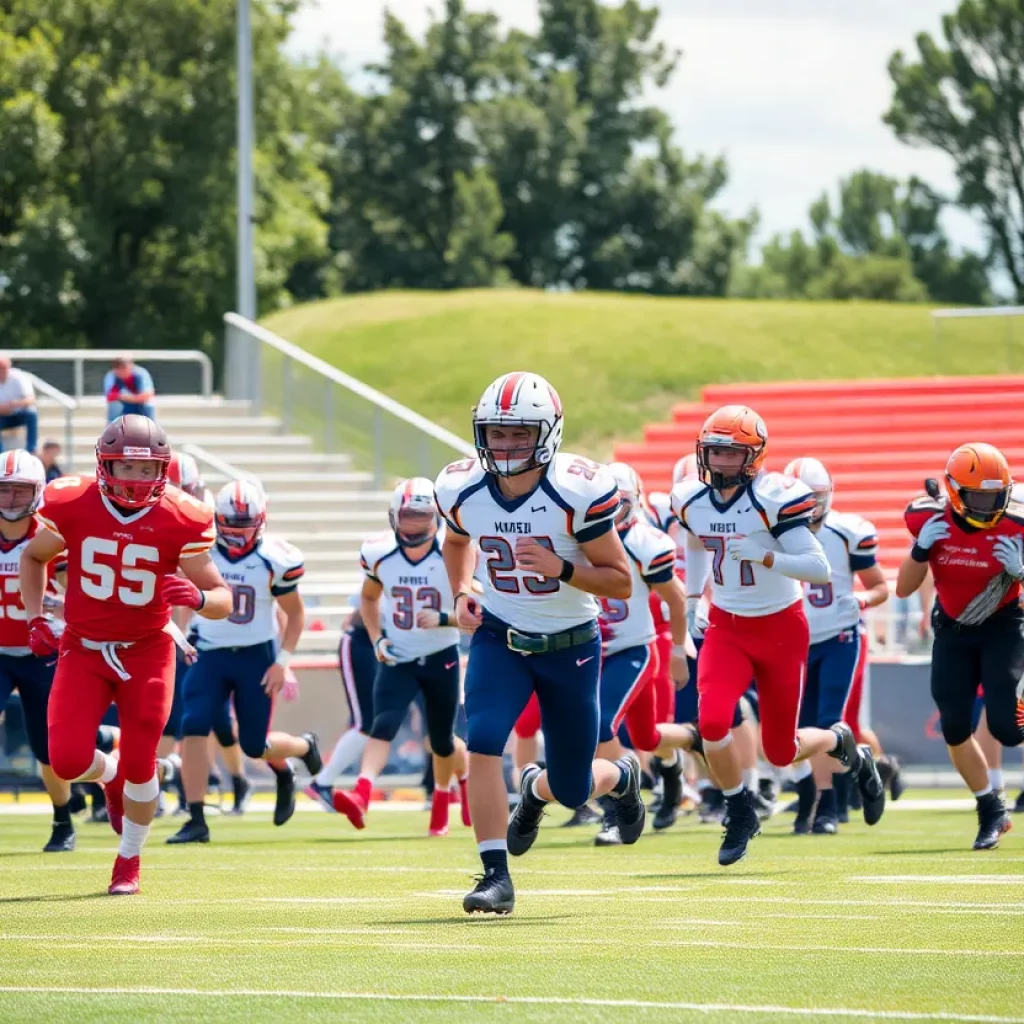 High school football players in action on a sunny day.