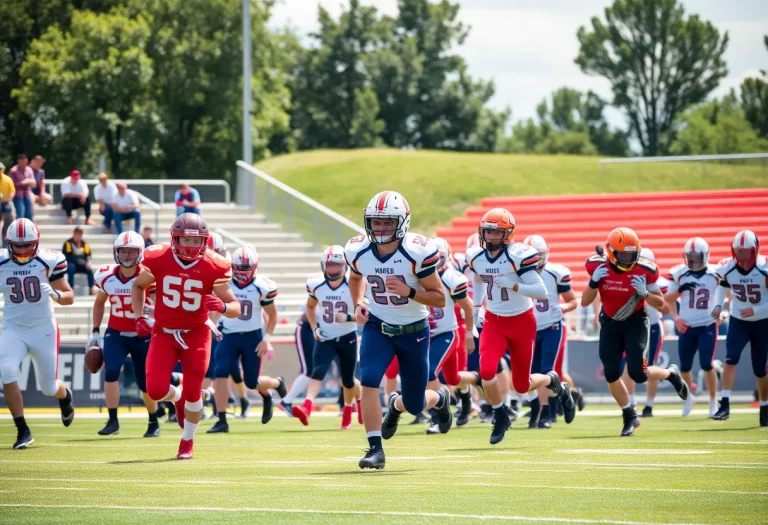 High school football players in action on a sunny day.