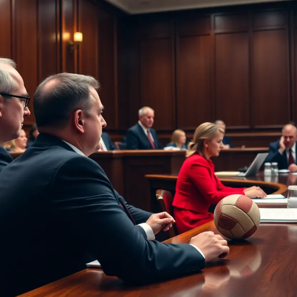A courtroom during a legal proceeding related to sports authority.