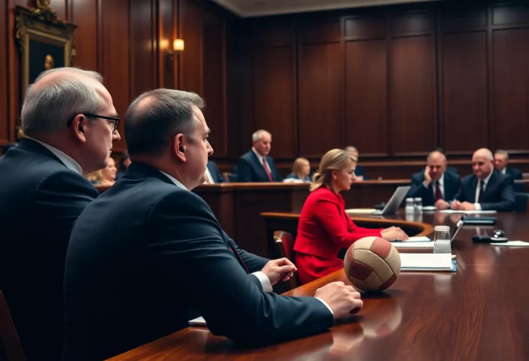 A courtroom during a legal proceeding related to sports authority.