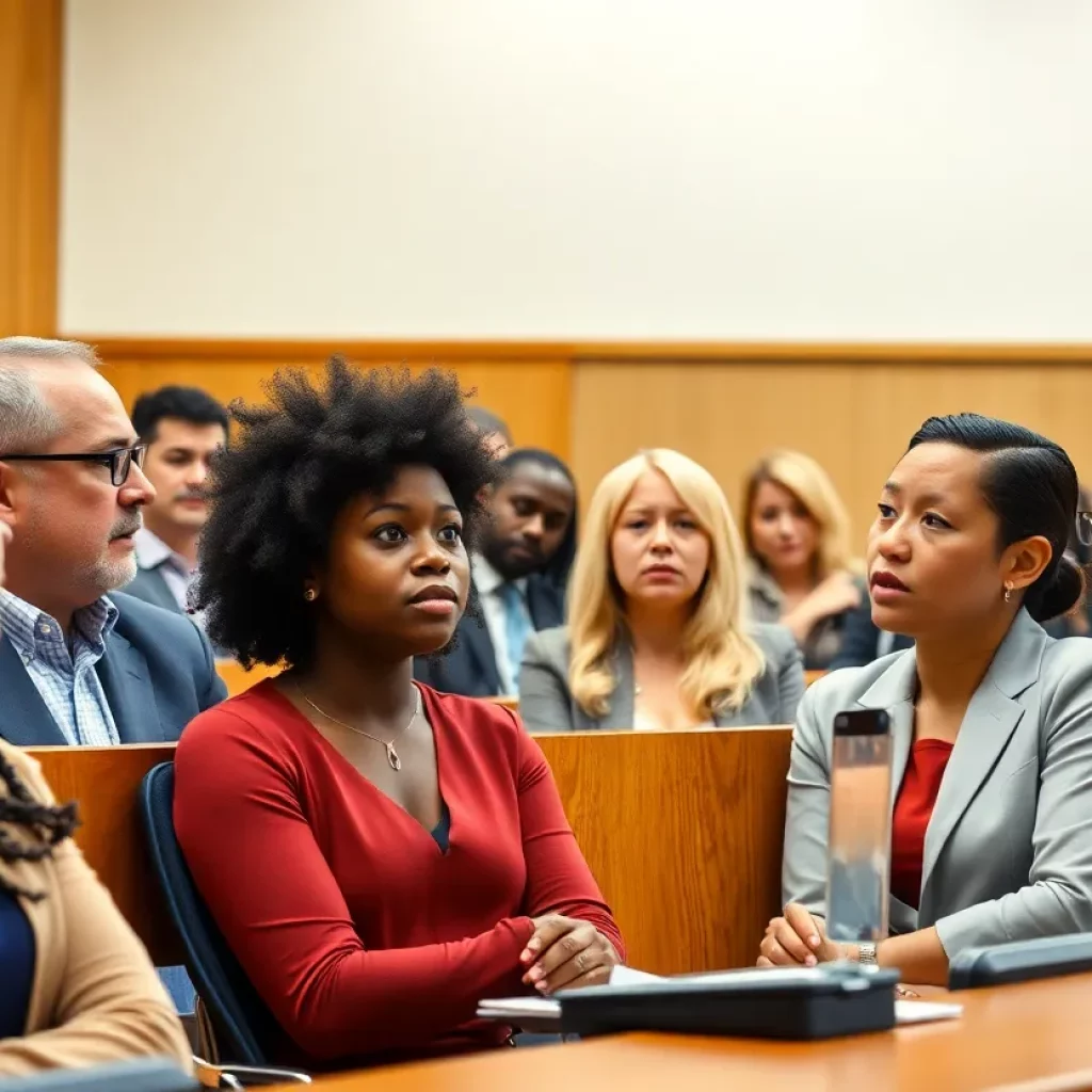 Courtroom with individuals discussing transgender athletes in high school sports
