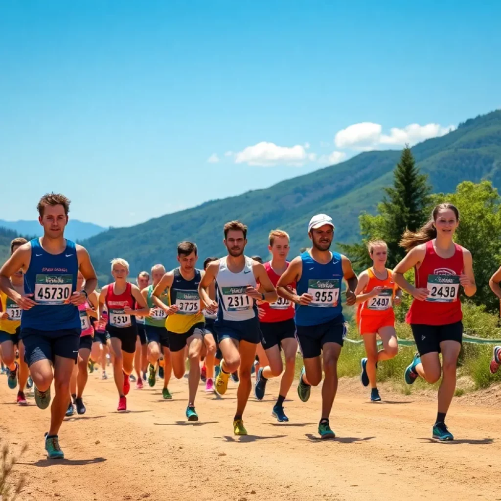 Group of diverse athletes running through a scenic cross country trail