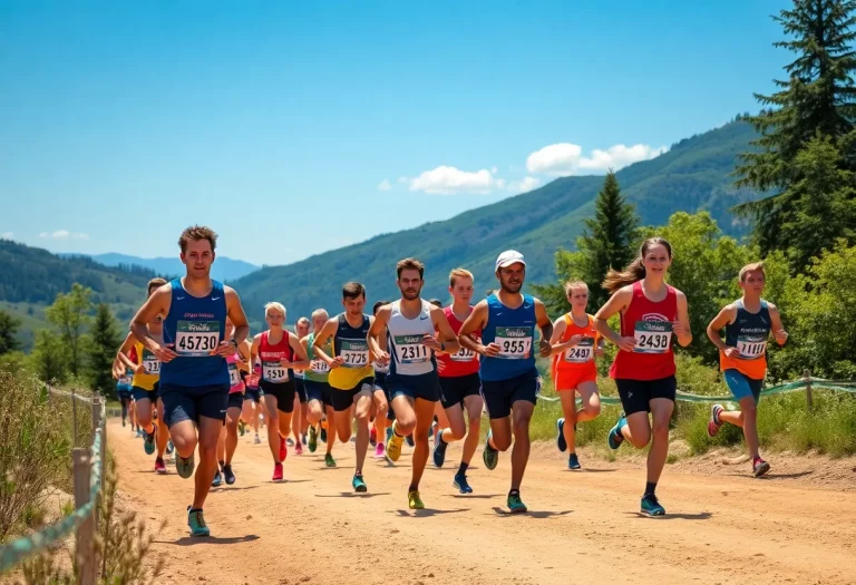 Group of diverse athletes running through a scenic cross country trail