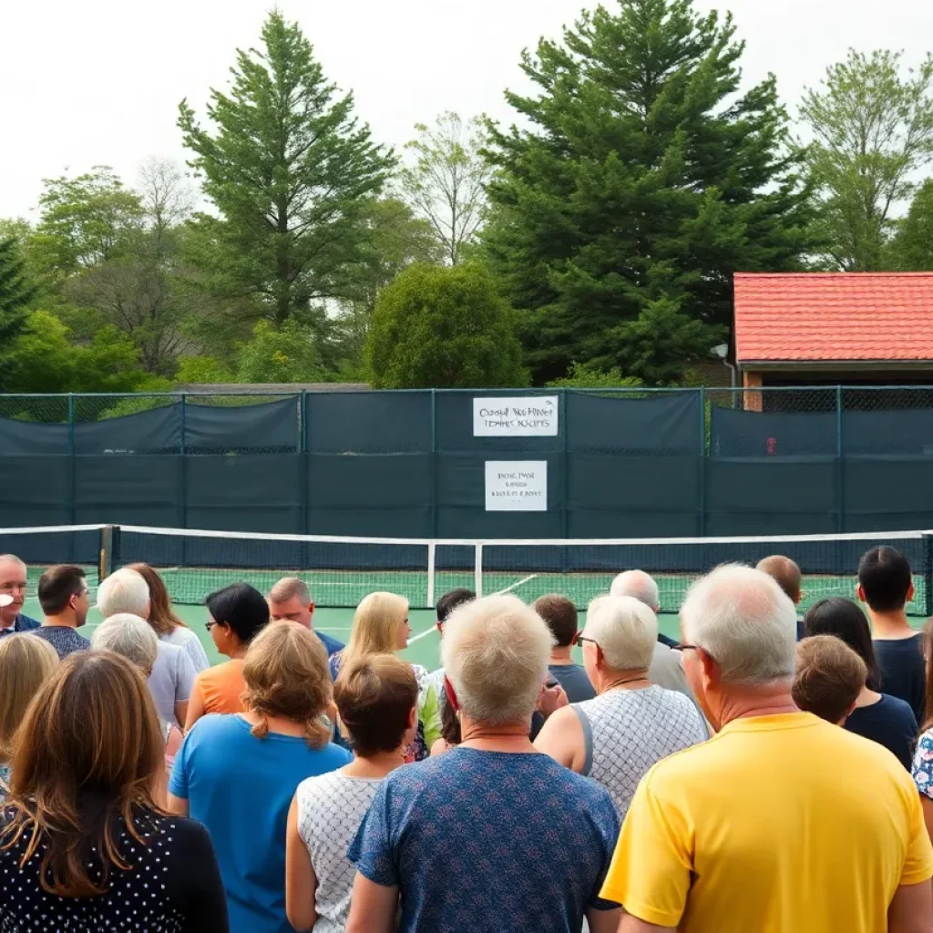Community members gather at the rededication of the Coach Ron Hutchins Tennis Courts.
