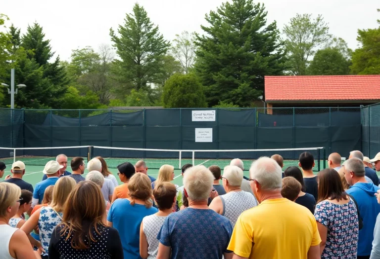 Community members gather at the rededication of the Coach Ron Hutchins Tennis Courts.