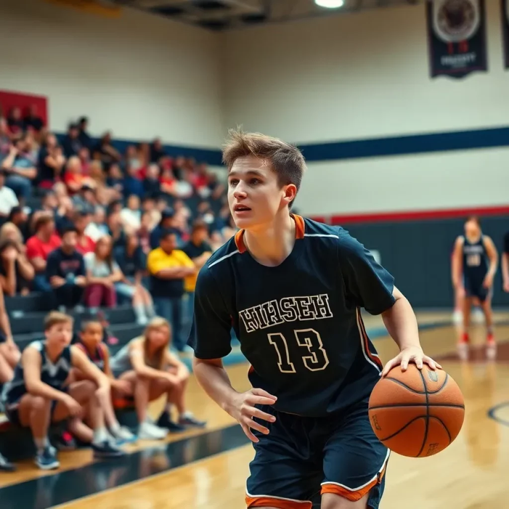 Basketball player competing on court with a cheering crowd