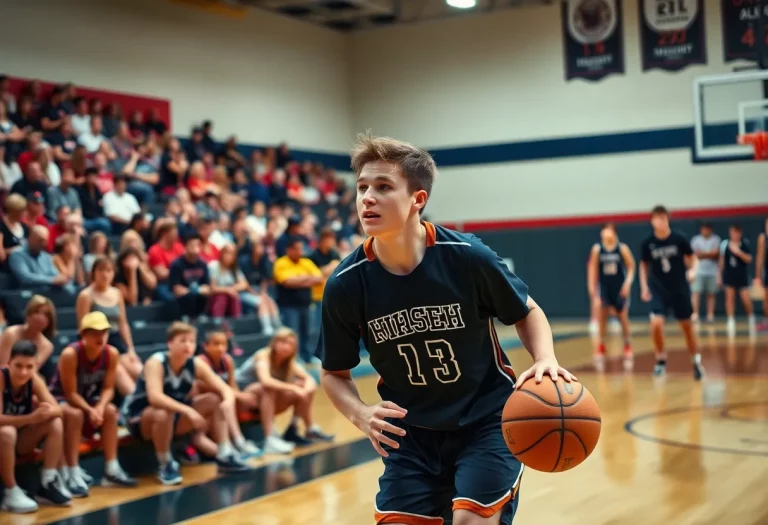Basketball player competing on court with a cheering crowd