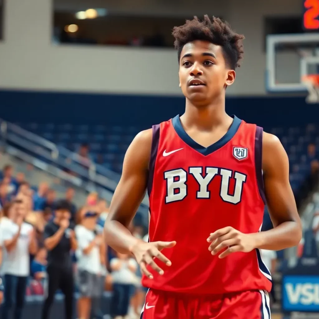 Young athlete wearing a BYU basketball jersey practicing on the court