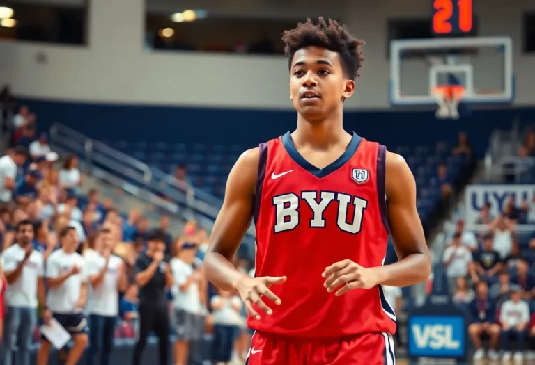 Young athlete wearing a BYU basketball jersey practicing on the court