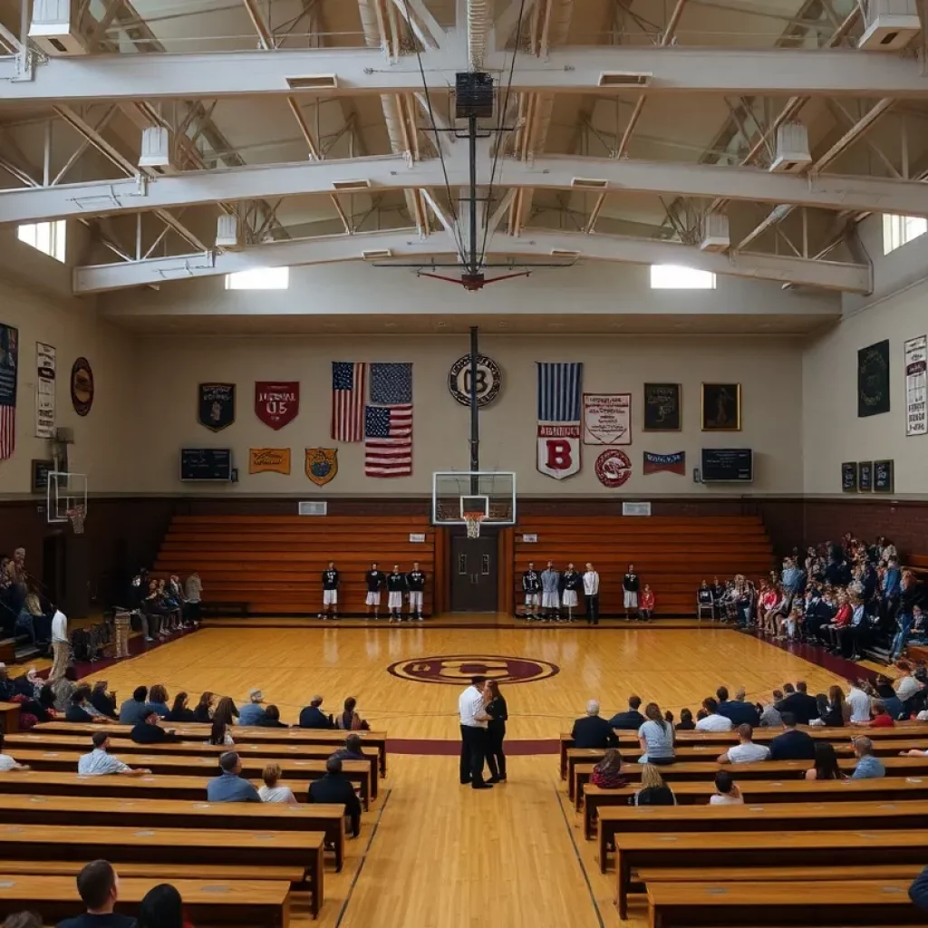 Interior of Decatur Central High School gym depicting vintage basketball memorabilia